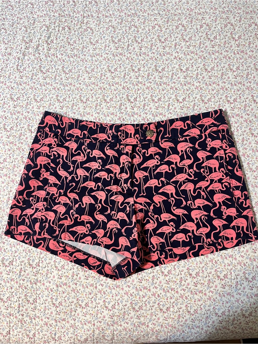 J. Crew Navy Chino Shorts with Pink Flamingo Print. Size 4